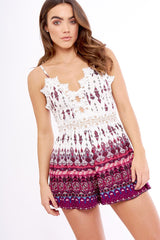 White And Purple Paisley Crochet Trim Playsuit - Milla-Playsuits