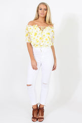 White And Yellow Floral Gypsy Crop Top - Mimi-Crop Tops