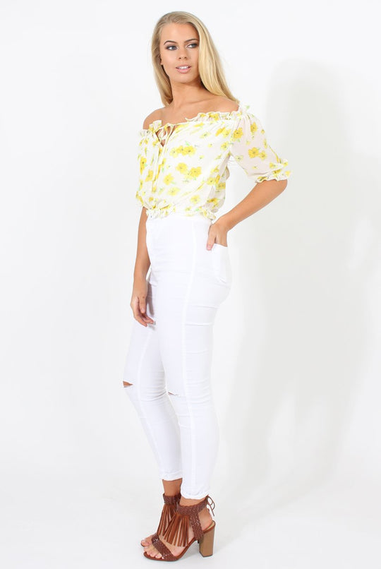 White And Yellow Floral Gypsy Crop Top - Mimi
