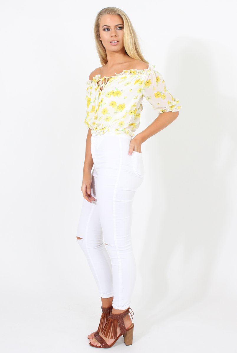 White And Yellow Floral Gypsy Crop Top - Mimi-Crop Tops