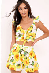 White And Yellow Floral Tie Front Crop Top and Short Co-ord - Edris-Co-ords