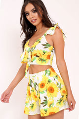 White And Yellow Floral Tie Front Crop Top and Short Co-ord - Edris-Co-ords