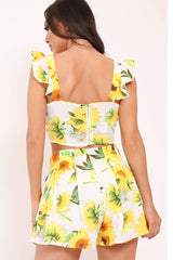 White And Yellow Floral Tie Front Crop Top and Short Co-ord - Edris-Co-ords