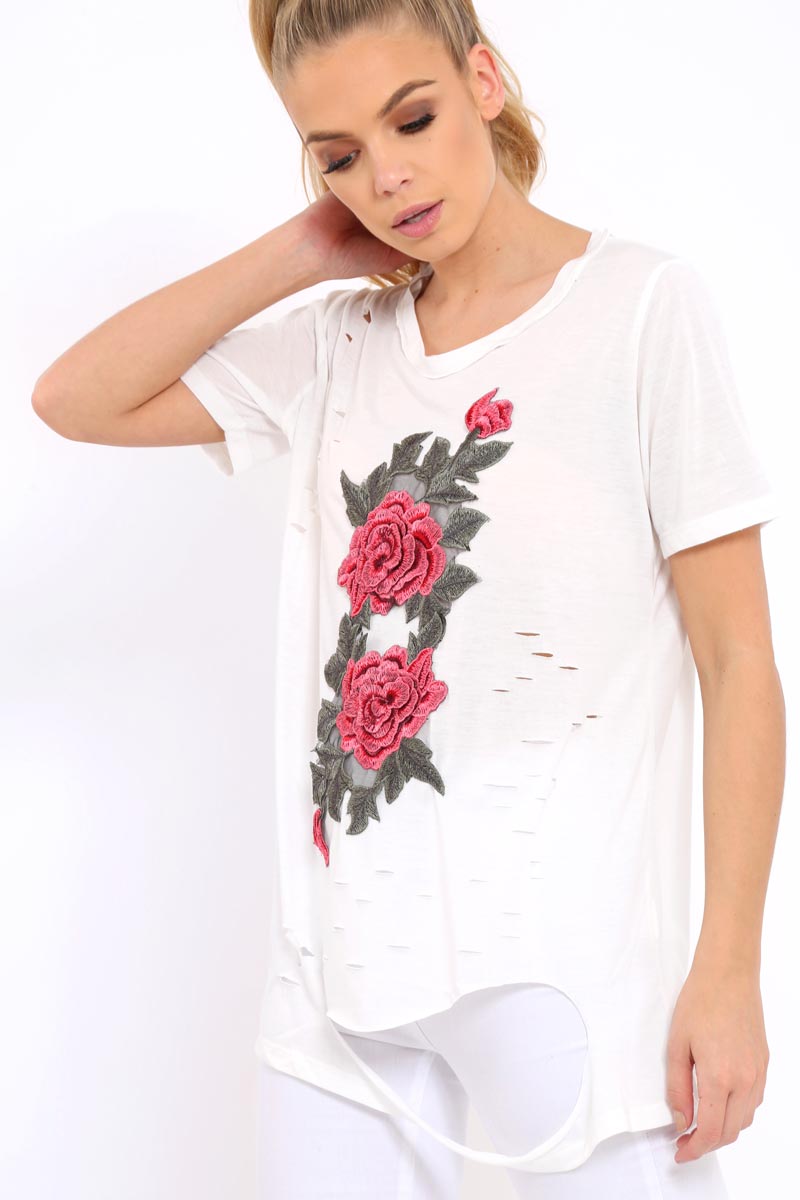 White Applique Slashed Over Sized T-Shirt - Louella-Tops