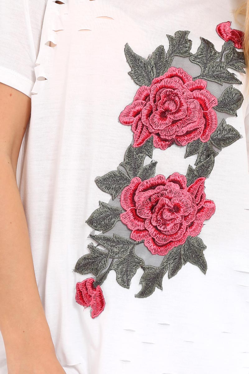 White Applique Slashed Over Sized T-Shirt - Louella-Tops