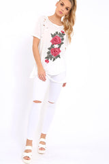 White Applique Slashed Over Sized T-Shirt - Louella-Tops