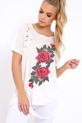 White Applique Slashed Over Sized T-Shirt - Louella-Tops