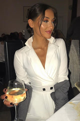 White Asymmetrical Front Detail Fitted Blazer Dress - Audrey-Dresses