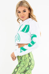 White Athletic Slogan Crop Raw Hem Hoodie - Jersie-Hoodies