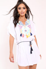 White Aztec Multi Embroidery Dress - Aabriella-Dresses