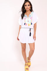 White Aztec Multi Embroidery Dress - Aabriella-Dresses