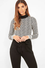 White Aztec Print High Neck Cropped Jumper - Lola-Jumper