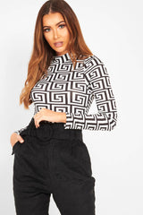 White Aztec Print High Neck Long Sleeve Bodysuit - Bellemy-Bodysuits