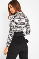 White Aztec Print High Neck Long Sleeve Bodysuit - Bellemy-Bodysuits