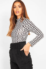 White Aztec Print High Neck Long Sleeve Bodysuit - Bellemy-Bodysuits