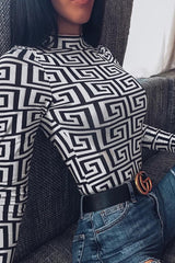 White Aztec Print High Neck Long Sleeve Bodysuit - Bellemy-Bodysuits