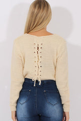 White Back Lace Up Cropped Knitted Sweater - Jenara-Jumpers