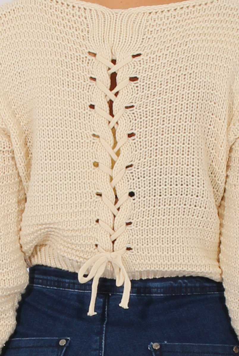 White Back Lace Up Cropped Knitted Sweater - Jenara-Jumpers