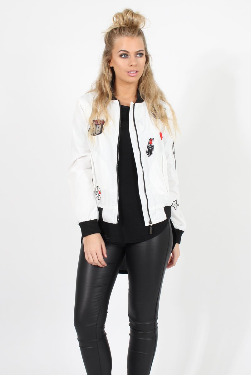 White Badge Detail Bomber Jacket - Suzy-Jackets