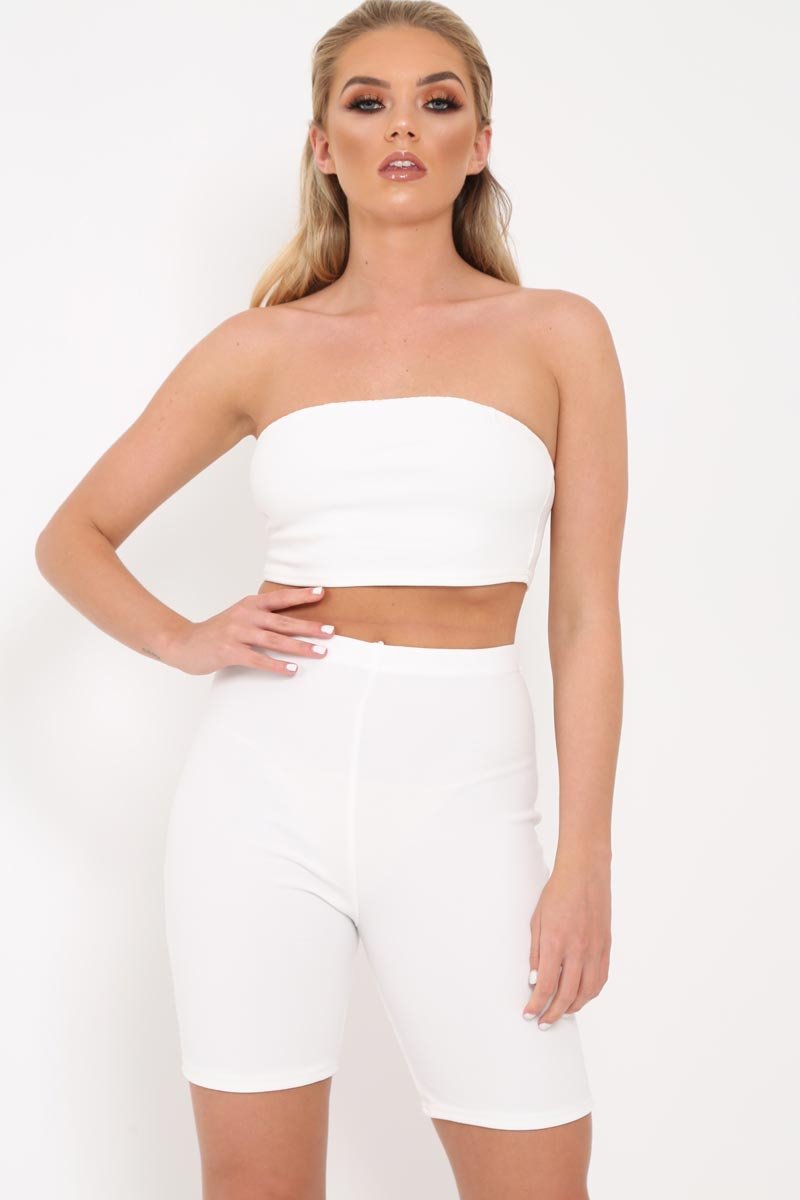White Bandeau And Cycling Shorts Co-ord - Edrie-Co-ords