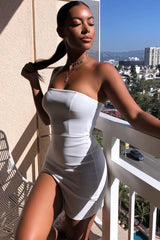 White Bandeau Split Leg Bodycon Dress - Galia-Dresses