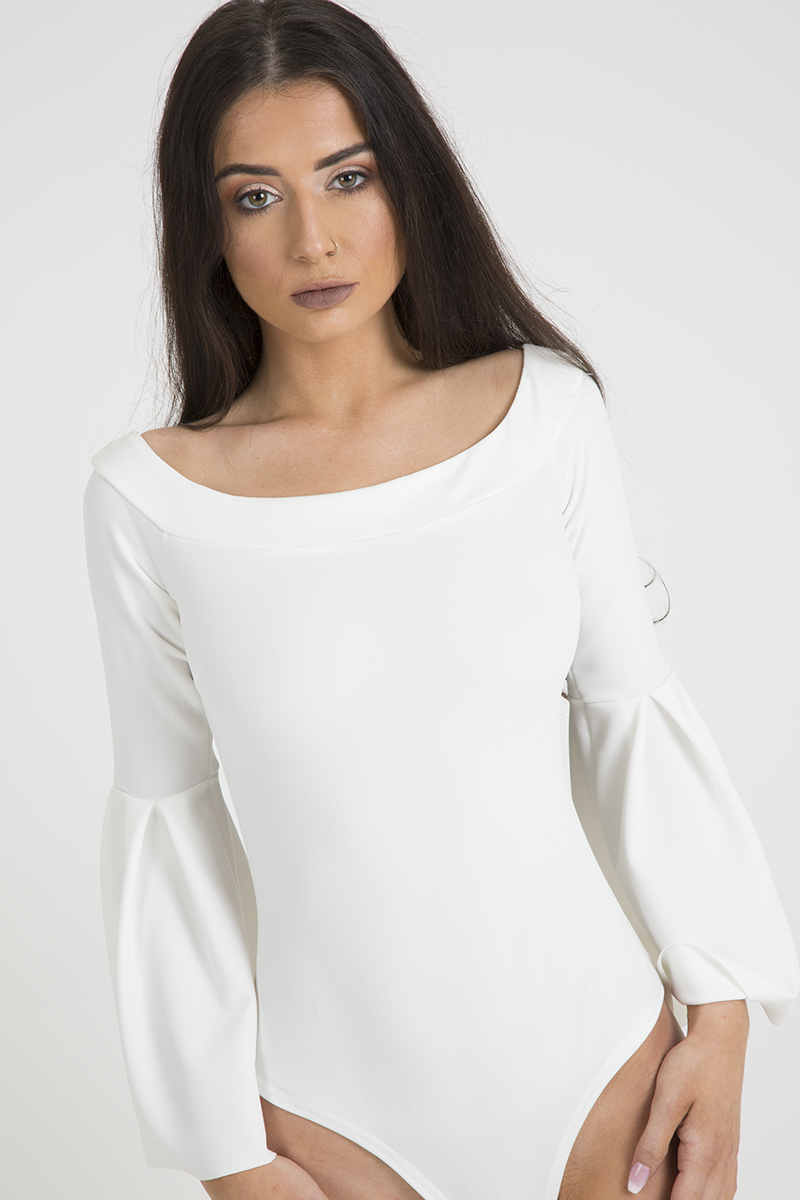 White Bardot Bell Sleeve Bodysuit - Evelyn-Bodysuits