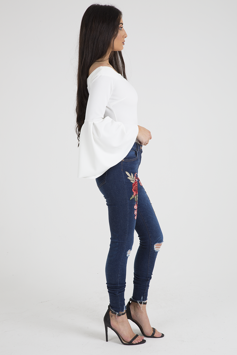 White Bardot Bell Sleeve Bodysuit - Evelyn-Bodysuits