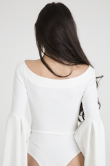 White Bardot Bell Sleeve Bodysuit - Evelyn-Bodysuits