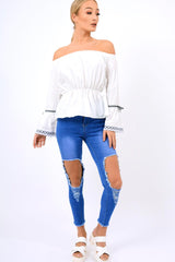 White Bardot Bell Sleeve Top - Kenzie-Tops