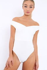 White Bardot Bodysuit with V dip front - Hettie-Bodysuits
