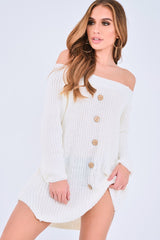 White Bardot Button Front Chunky Knit Jumper Dress - Syanna-Dresses