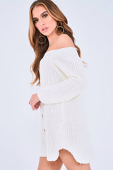 White Bardot Button Front Chunky Knit Jumper Dress - Syanna-Dresses