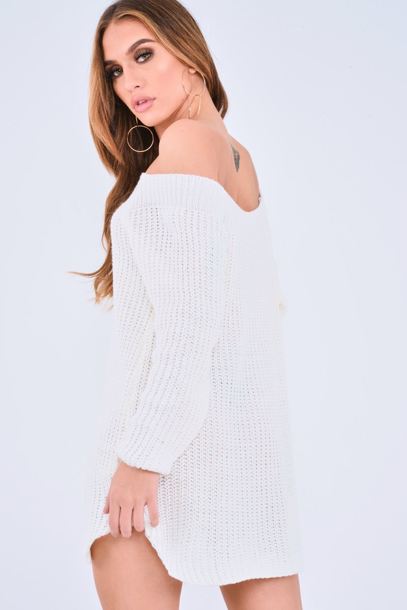 White Bardot Button Front Chunky Knit Jumper Dress - Syanna-Dresses