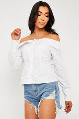 White Bardot Button Front Shirt Top - Rainee-Tops
