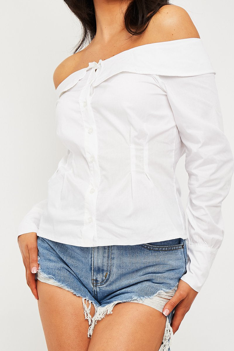 White Bardot Button Front Shirt Top - Rainee-Tops