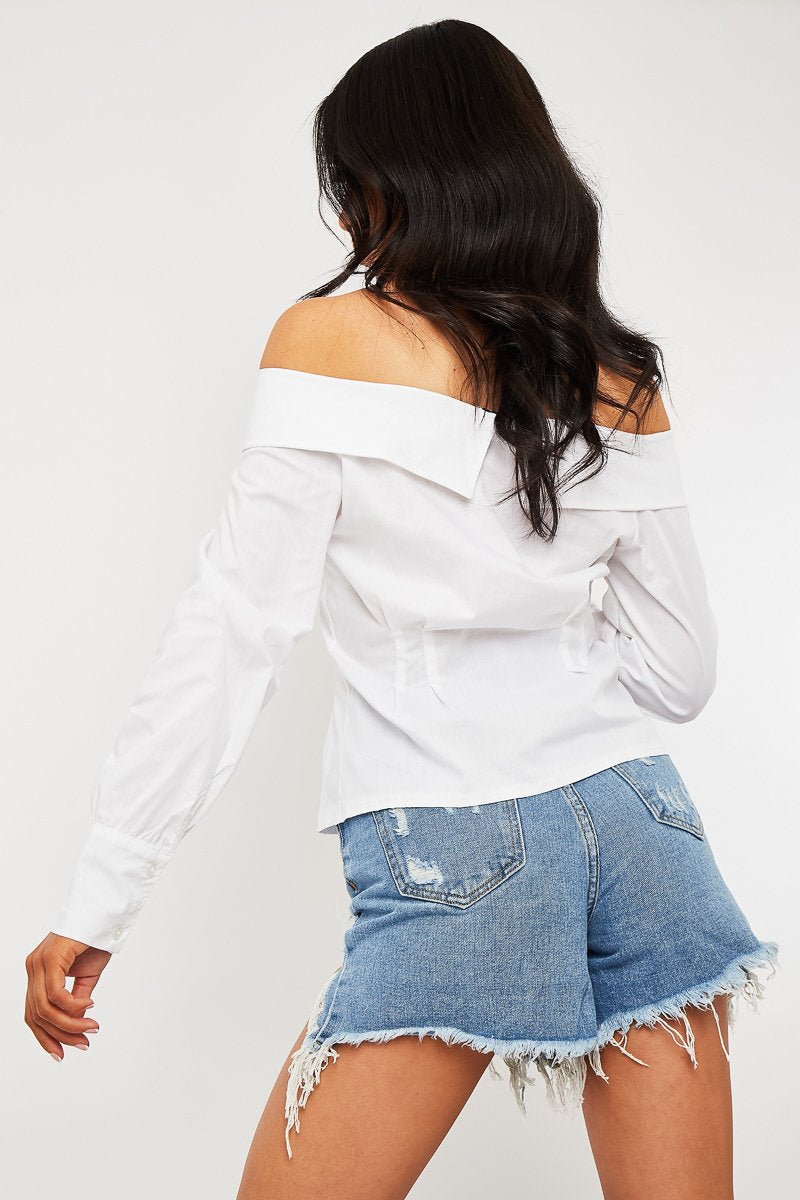White Bardot Button Front Shirt Top - Rainee-Tops