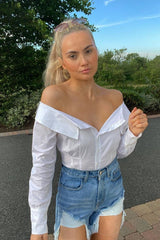 White Bardot Button Front Shirt Top - Rainee-Tops