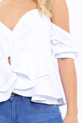 White Bardot Corset Ruffle Sleeve Top - Shannen-Tops