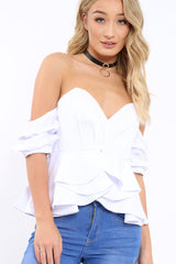 White Bardot Corset Ruffle Sleeve Top - Shannen-Tops