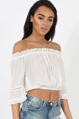 White Bardot Crochet Detail Crop- Bernie-Crop Tops