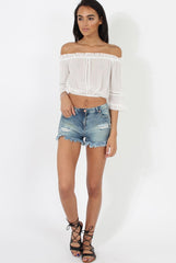 White Bardot Crochet Detail Crop- Bernie-Crop Tops