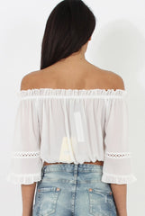 White Bardot Crochet Detail Crop- Bernie-Crop Tops