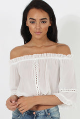 White Bardot Crochet Detail Crop- Bernie-Crop Tops
