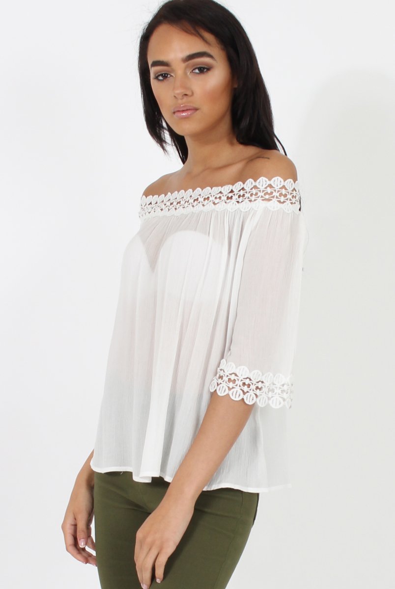 White Bardot Crochet Top - Aliza-Tops