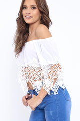 White Bardot Crochet Top - Liv-Tops