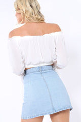 White Bardot Crop Top with Sheer Crochet Sleeves - Skylar-Tops