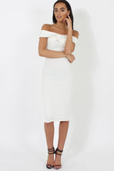 White Bardot Cross Over Detail Midi Dress- China-Dresses