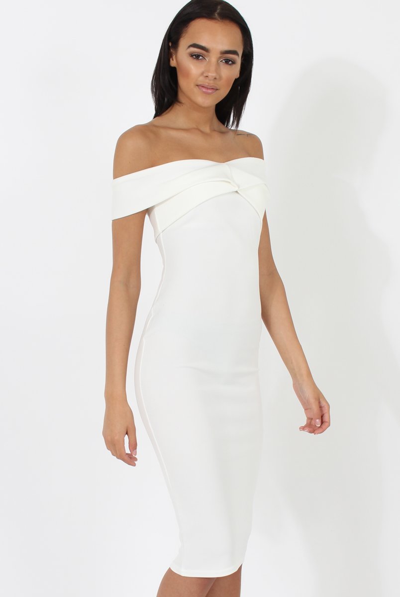 White Bardot Cross Over Detail Midi Dress- China-Dresses