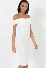 White Bardot Cross Over Detail Midi Dress- China-Dresses