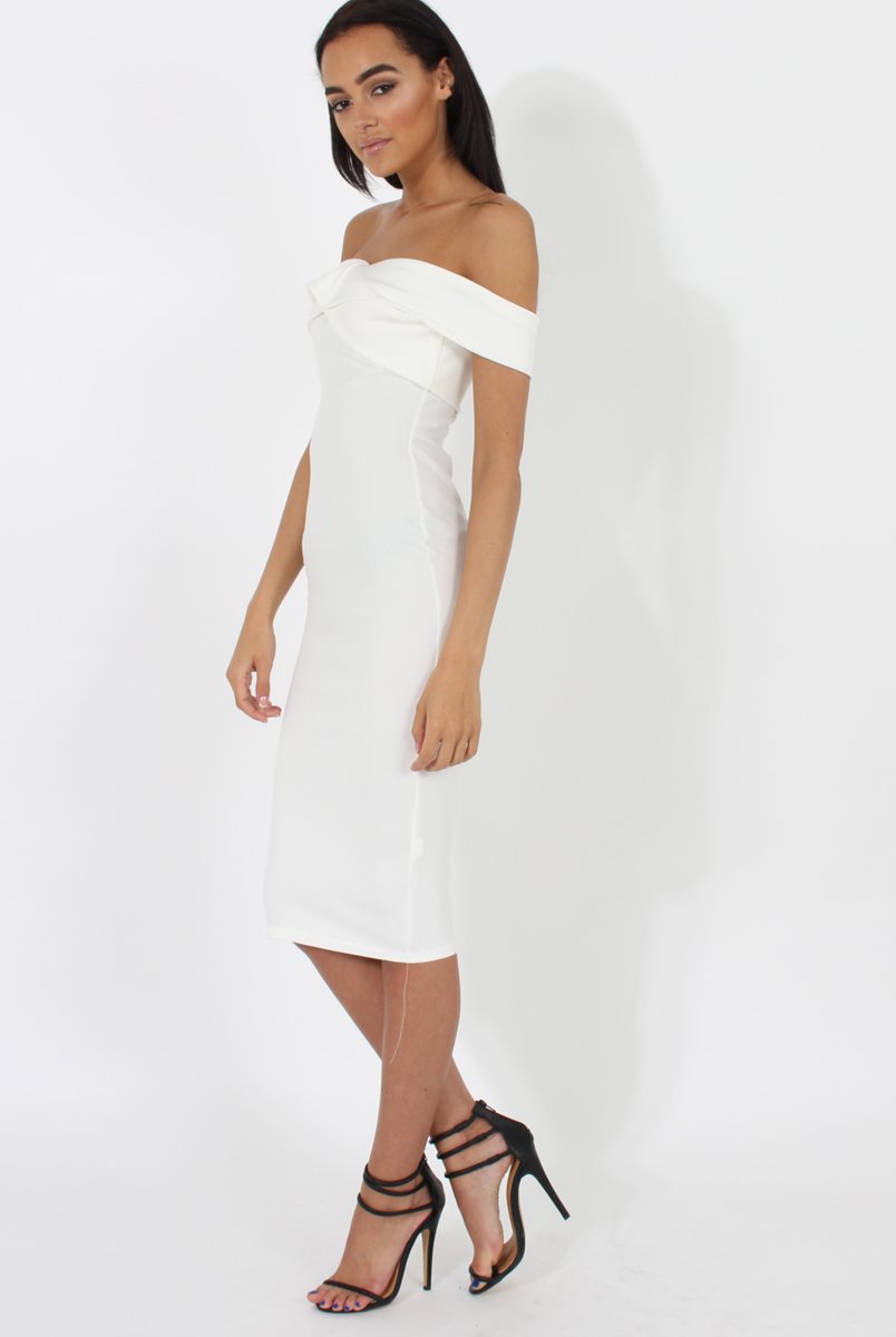 White Bardot Cross Over Detail Midi Dress- China-Dresses